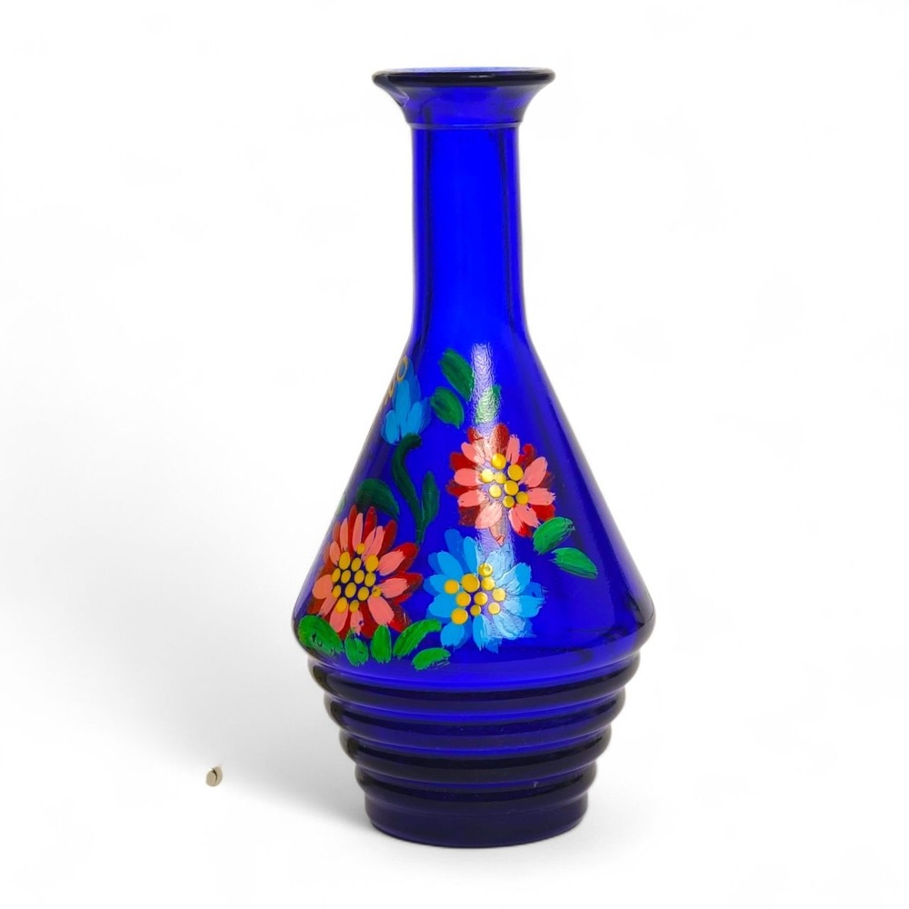 Vintage Portofino Italy Cobalt Blue Glass Bottle Hand Painted Floral Vase Decor
